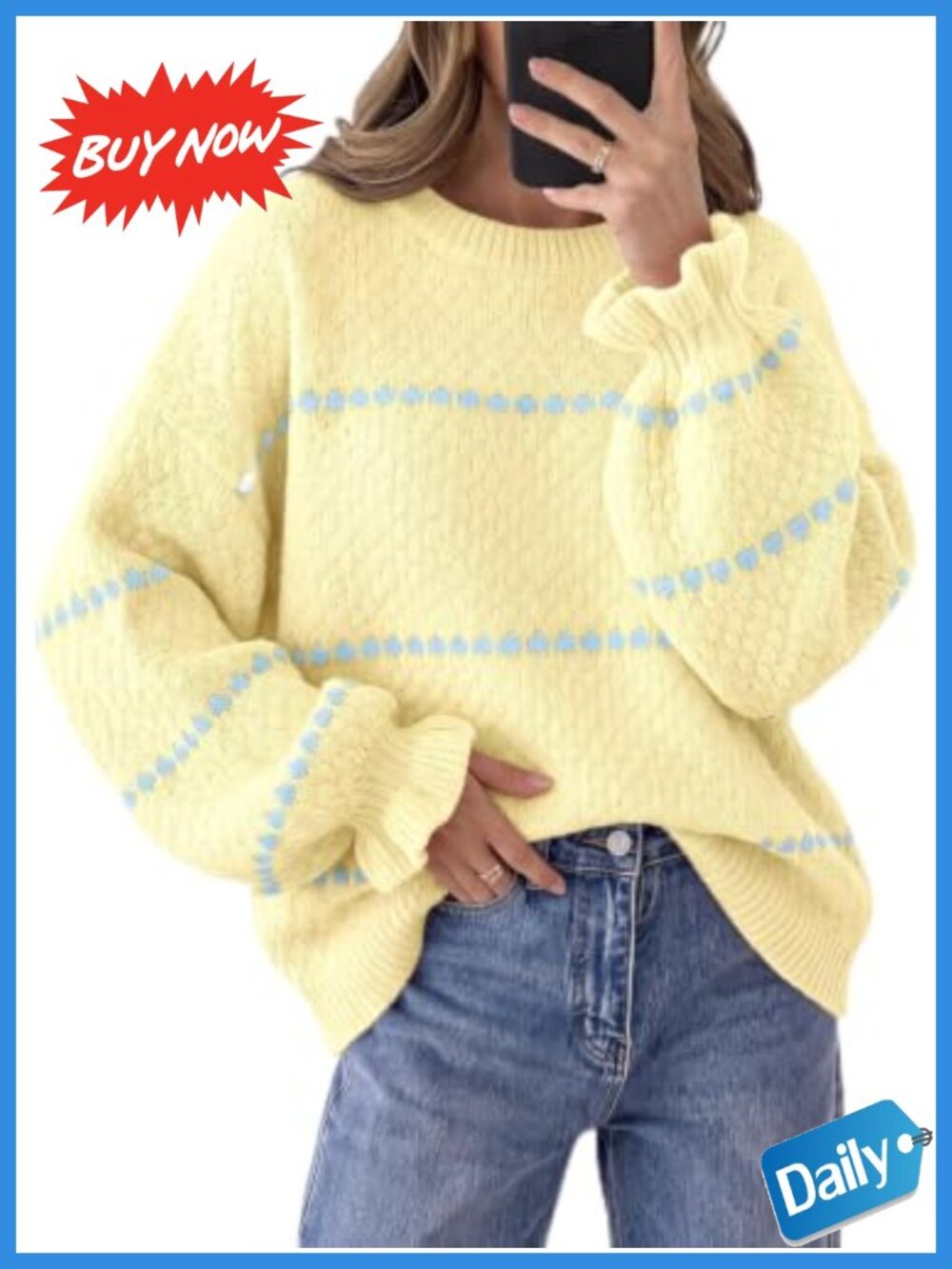 Oversized Chunky Knit Heart Pullover Sweater Lantern Sleeve